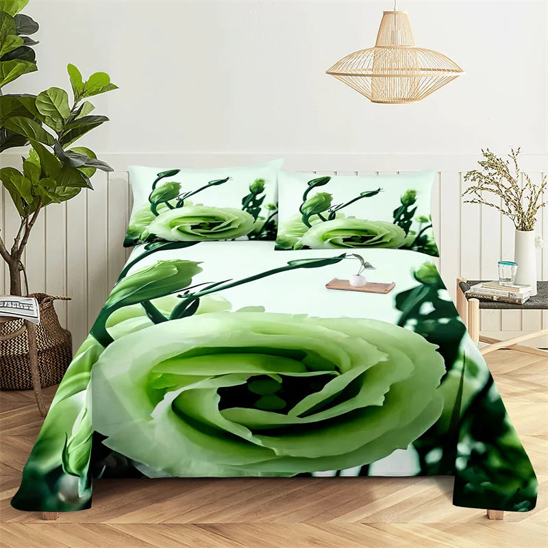 Green Leaf Rose Queen Sheet and Pillowcases Set