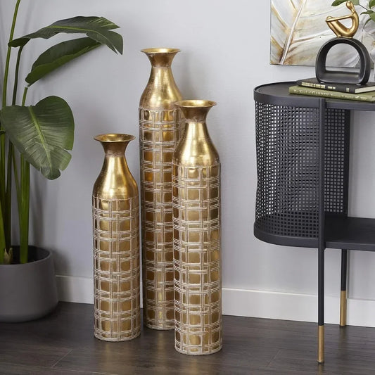 Gold Flower Metal Tall Distressed Vase Set of 3