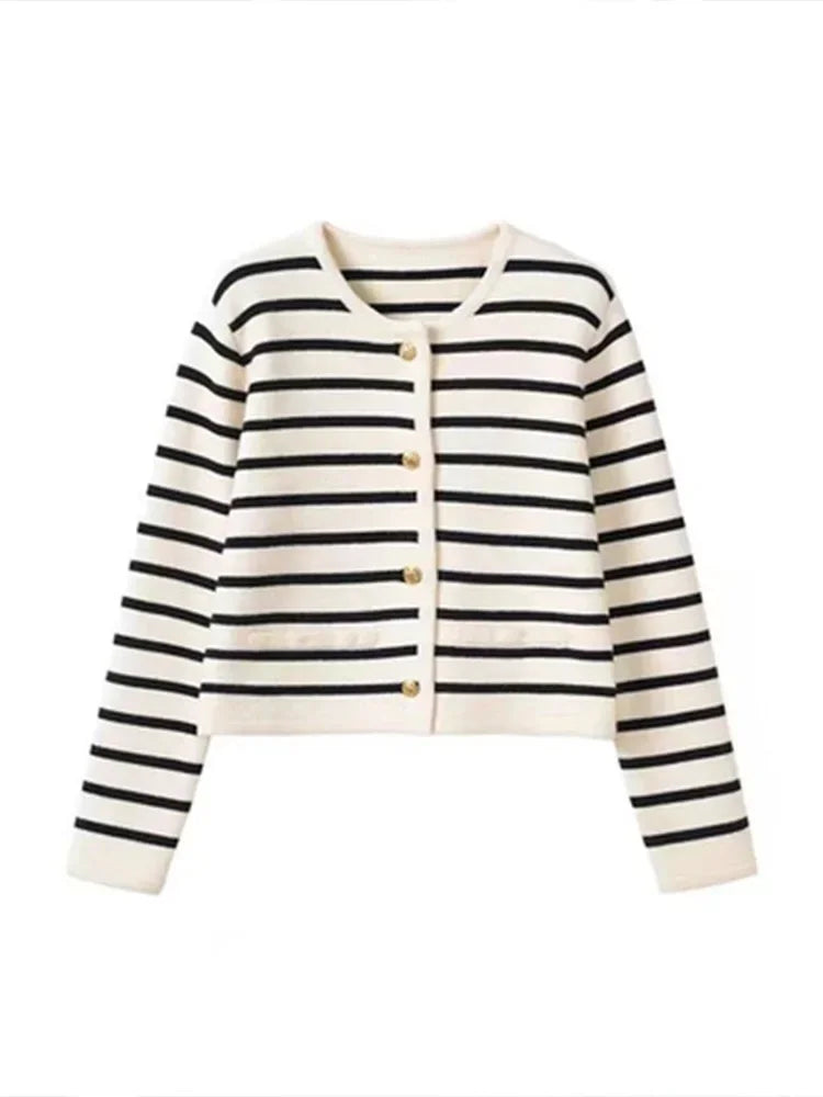 Autumn and winter Korean contrasting striped knitted cardigan