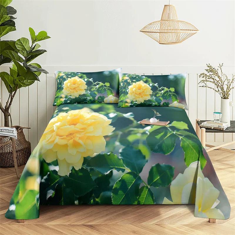 Green Leaf Rose Queen Sheet and Pillowcases Set