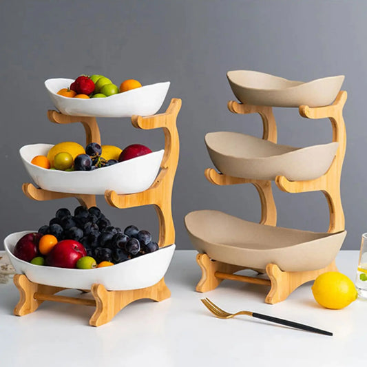 3 Layer Multi-layer Ceramic Fruit Plate Bamboo Wooden Frame Household  Basket Bowl Holder Vegetables Storage  Kitchen Organizer