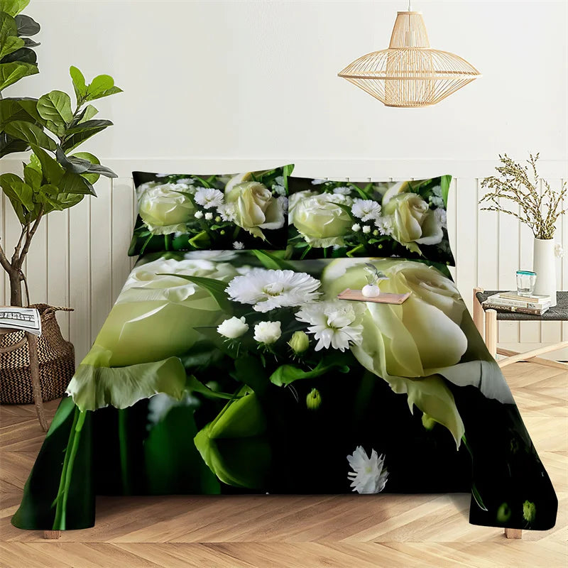 Green Leaf Rose Queen Sheet and Pillowcases Set