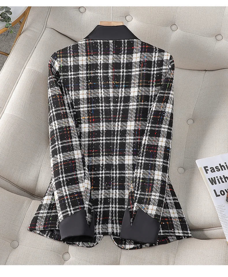 Luxury Ladies Black White Plaid Coat