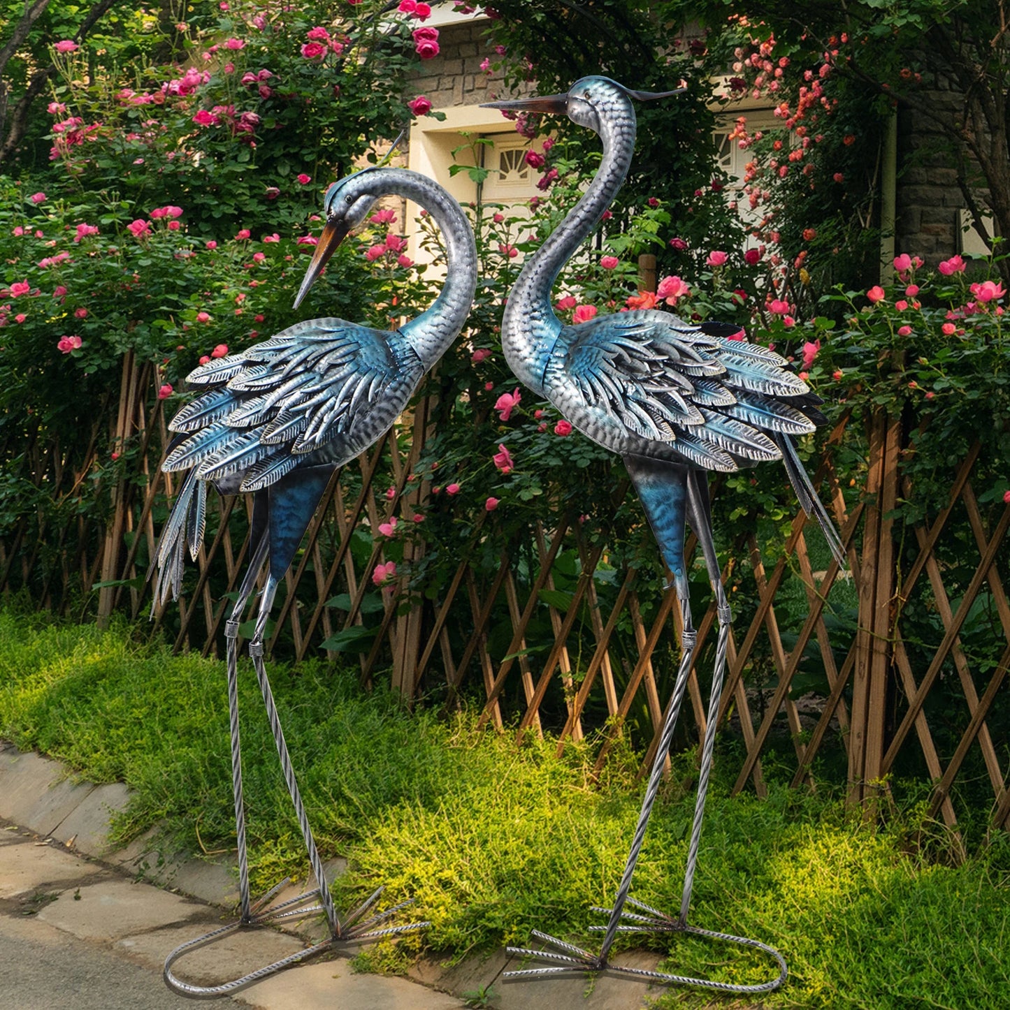 Blue Heron Rustic Metal Garden Crane Statues - Standing Sculptures with Country Style, Outdoor Lawn Yard Backyard Decor