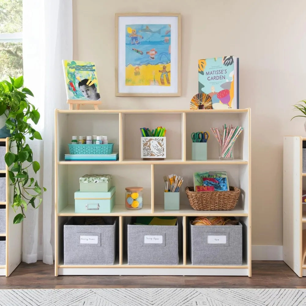 Wooden Bookshelf with 3 Fabric Bins