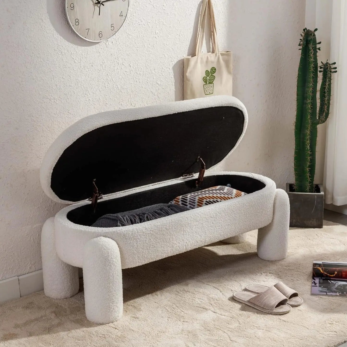 Modern Storage Bench, Upholstered Ottoman Sherpa Fabric