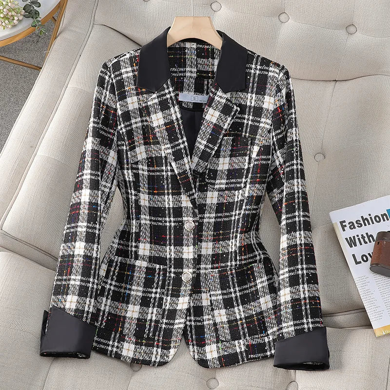 Luxury Ladies Black White Plaid Coat