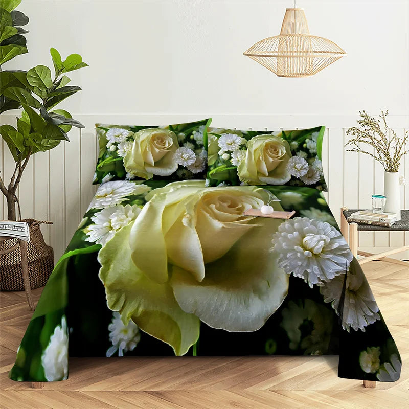 Green Leaf Rose Queen Sheet and Pillowcases Set