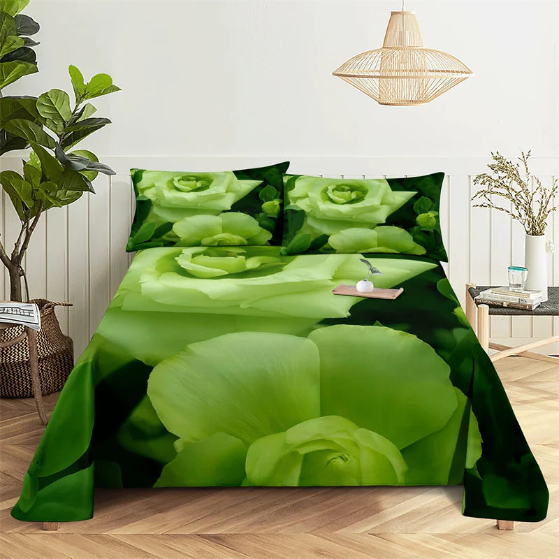 Green Leaf Rose Queen Sheet and Pillowcases Set