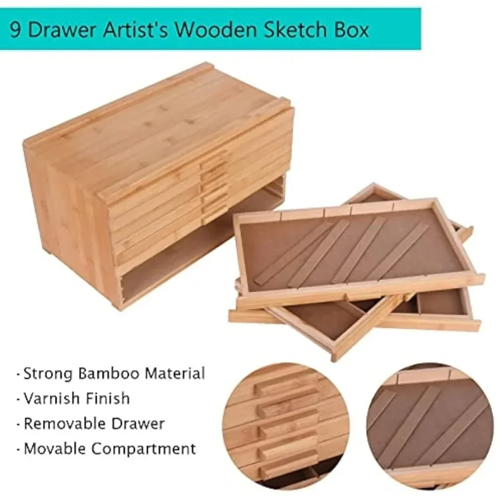 9 Drawer Bamboo-Wood Artist Supply Storage Box