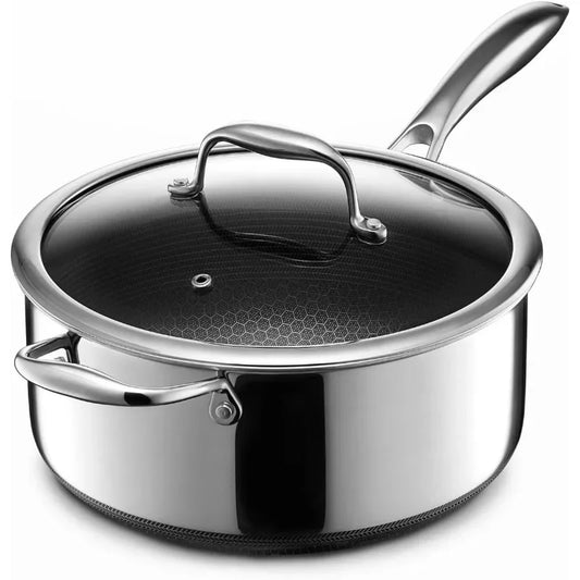 HexClad Hybrid Nonstick 5-Quart Saucepan with Tempered Glass Lid