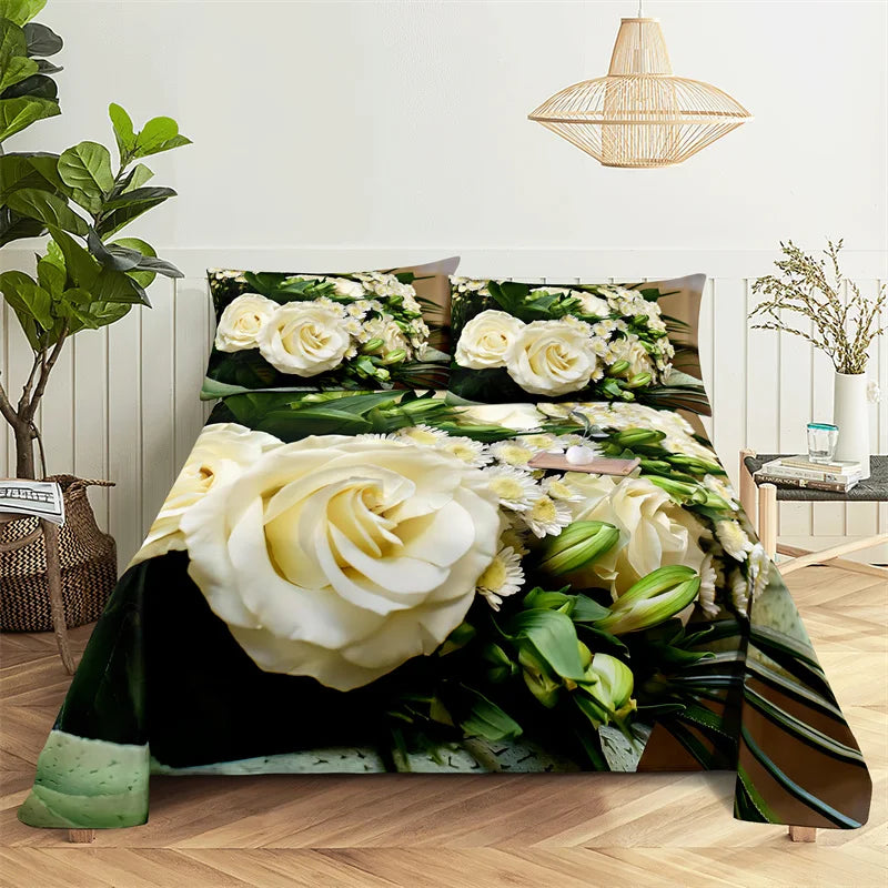 Green Leaf Rose Queen Sheet and Pillowcases Set