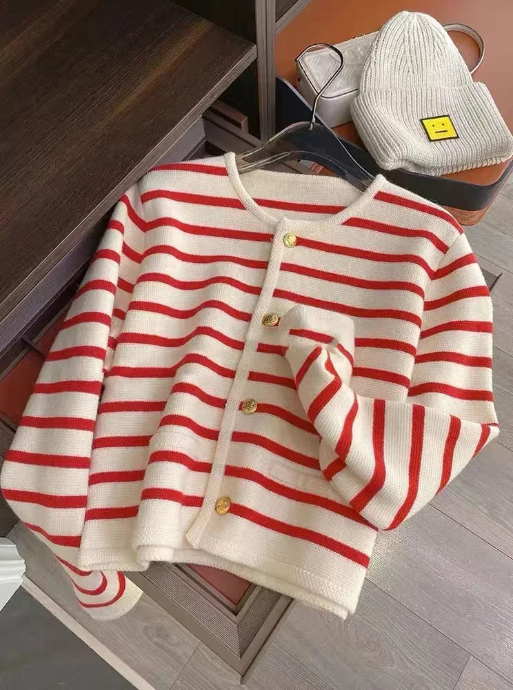 Autumn and winter Korean contrasting striped knitted cardigan