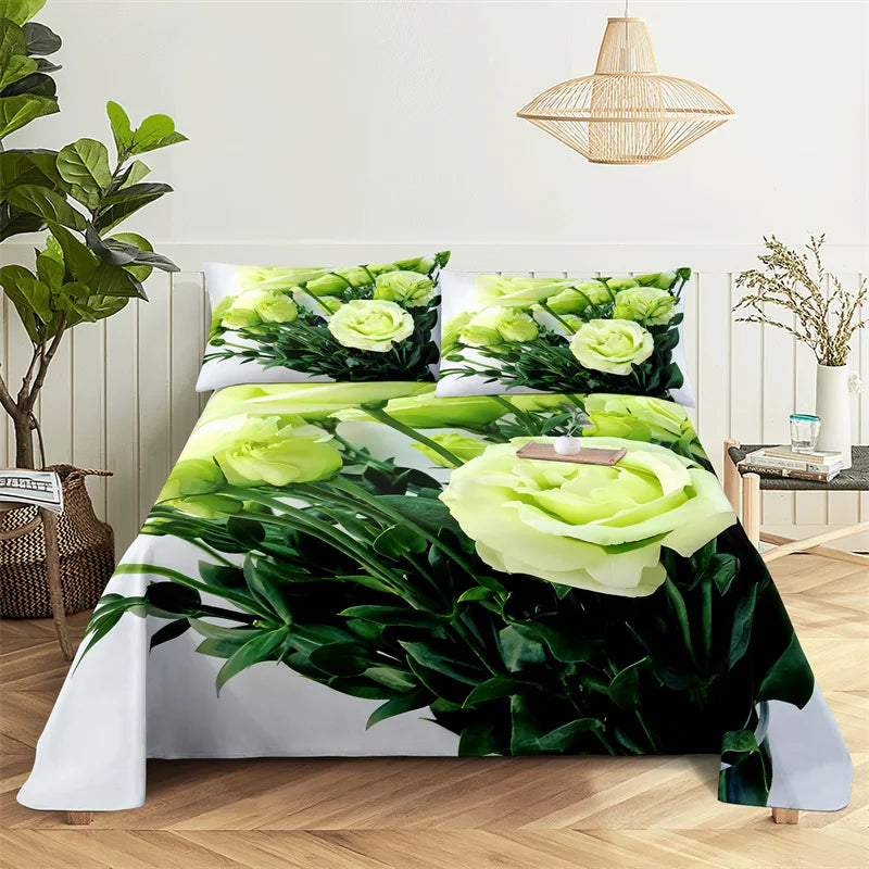 Green Leaf Rose Queen Sheet and Pillowcases Set