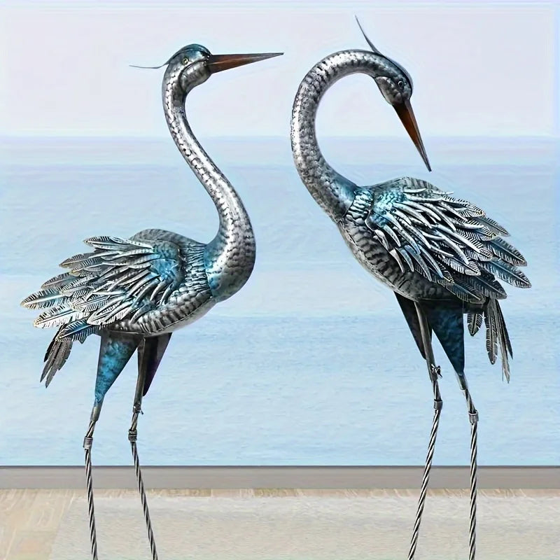 Blue Heron Rustic Metal Garden Crane Statues - Standing Sculptures with Country Style, Outdoor Lawn Yard Backyard Decor