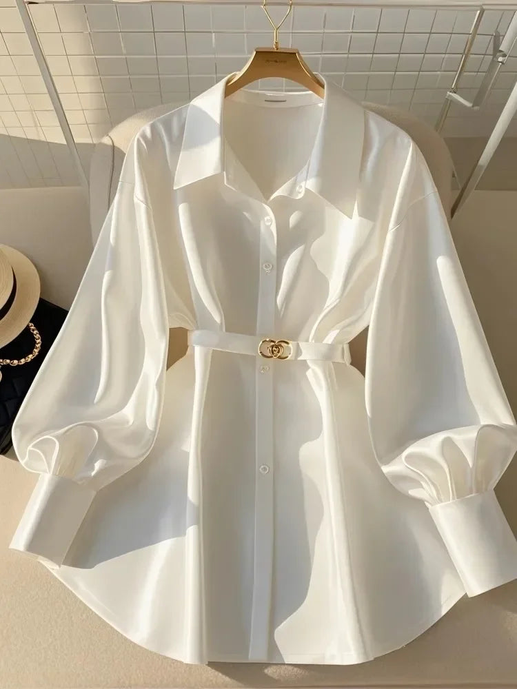 Long Sleeve Waist Slim Belt White Shirt