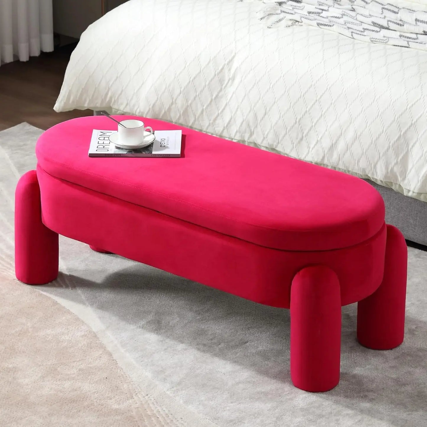 Modern Storage Bench, Upholstered Ottoman Sherpa Fabric