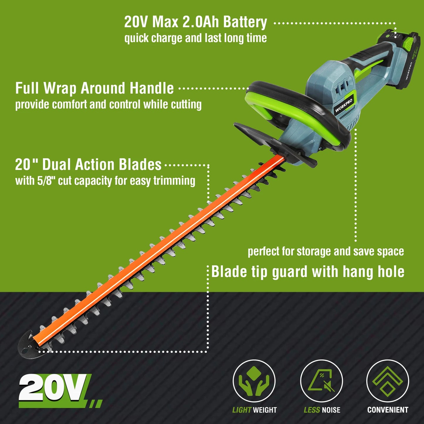 WORKPRO 20V Cordless Hedge Trimmer 20" Dual Action Blades