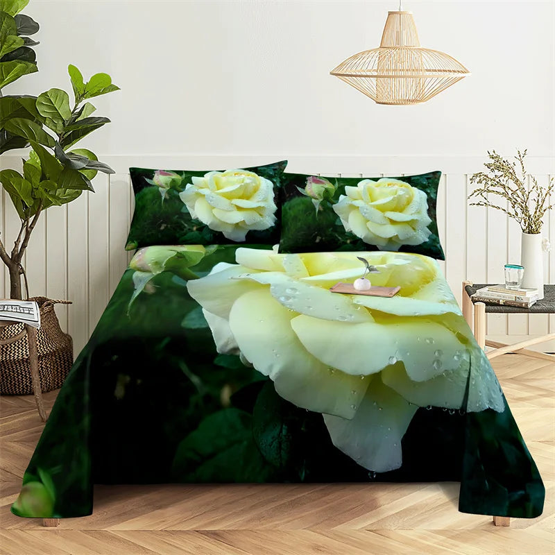 Green Leaf Rose Queen Sheet and Pillowcases Set