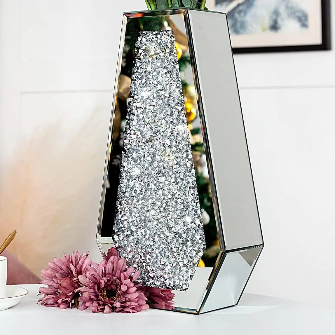 Crushed Diamond Tall Floor Vase 24 Inches Vase Home Decor Large Silver   Tall Vases for Floor Decor Room