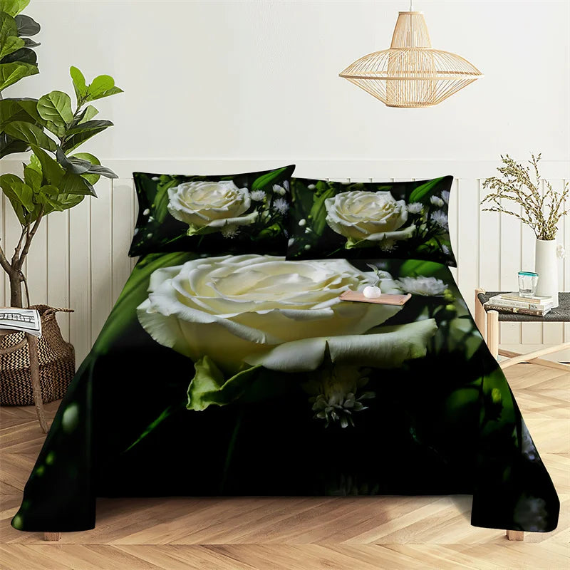 Green Leaf Rose Queen Sheet and Pillowcases Set