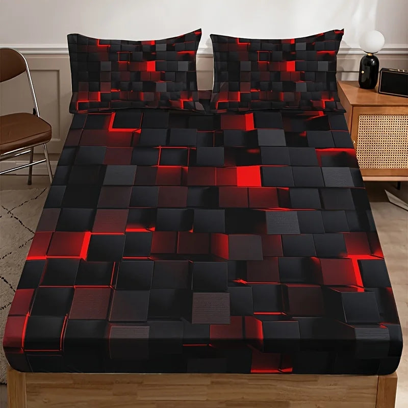 Technology-inspired Red Plaid Fitted Sheet Set (1 Fitted Sheet + 2 Pillowcase)