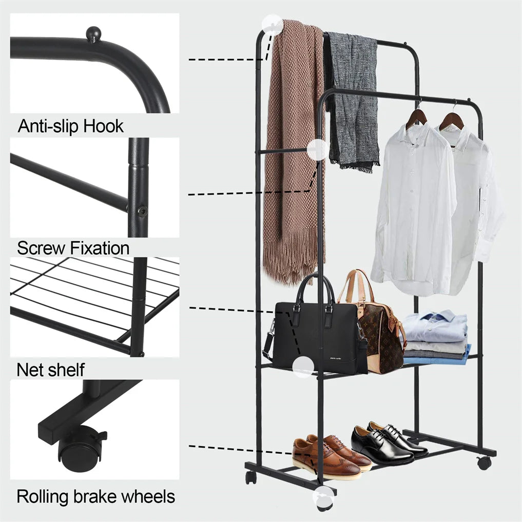 Double Clothes Heavy Metal Rail Hanging Rack