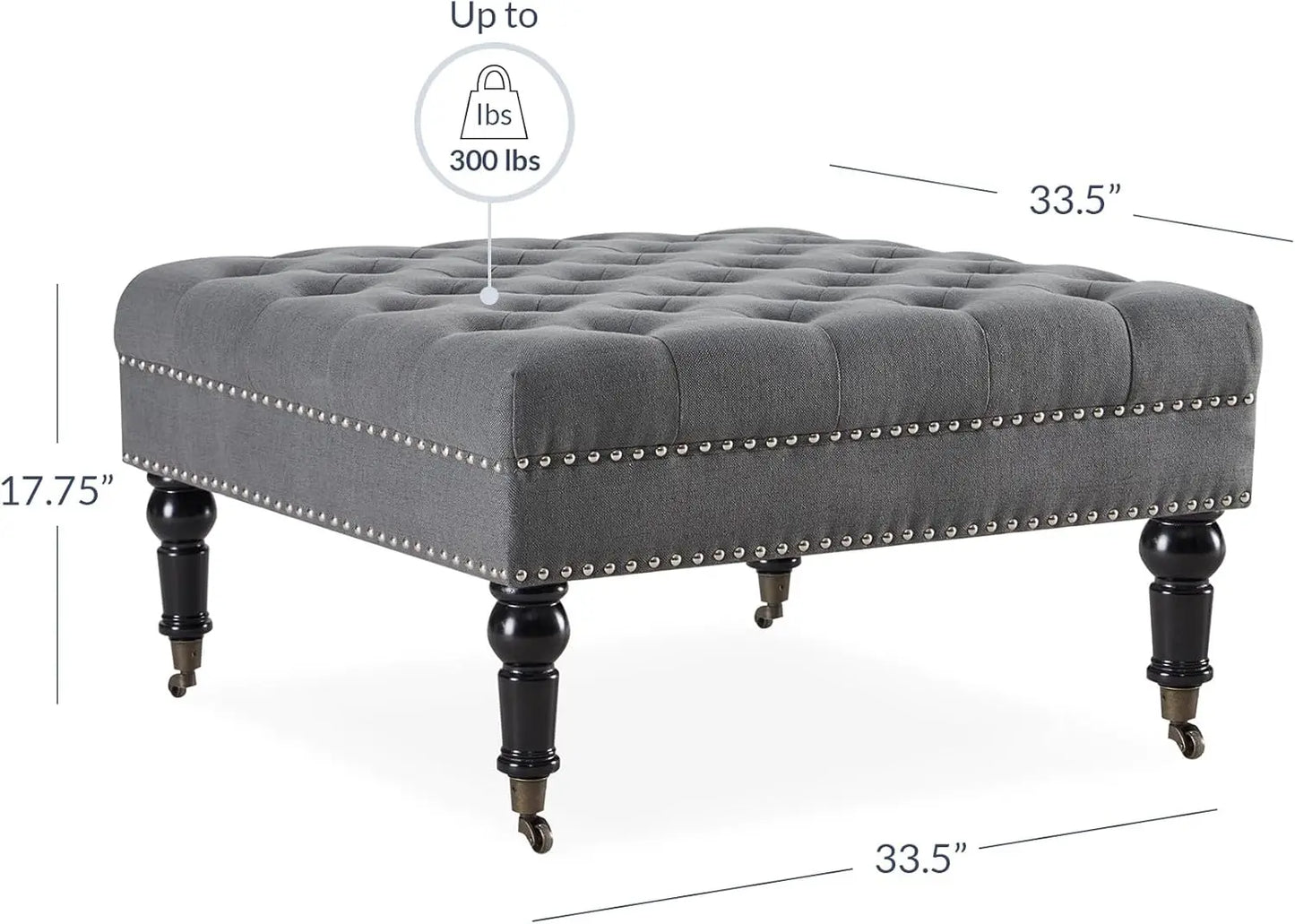 Modern 34 Inch Square Linen Ottoman with Caster Wheels