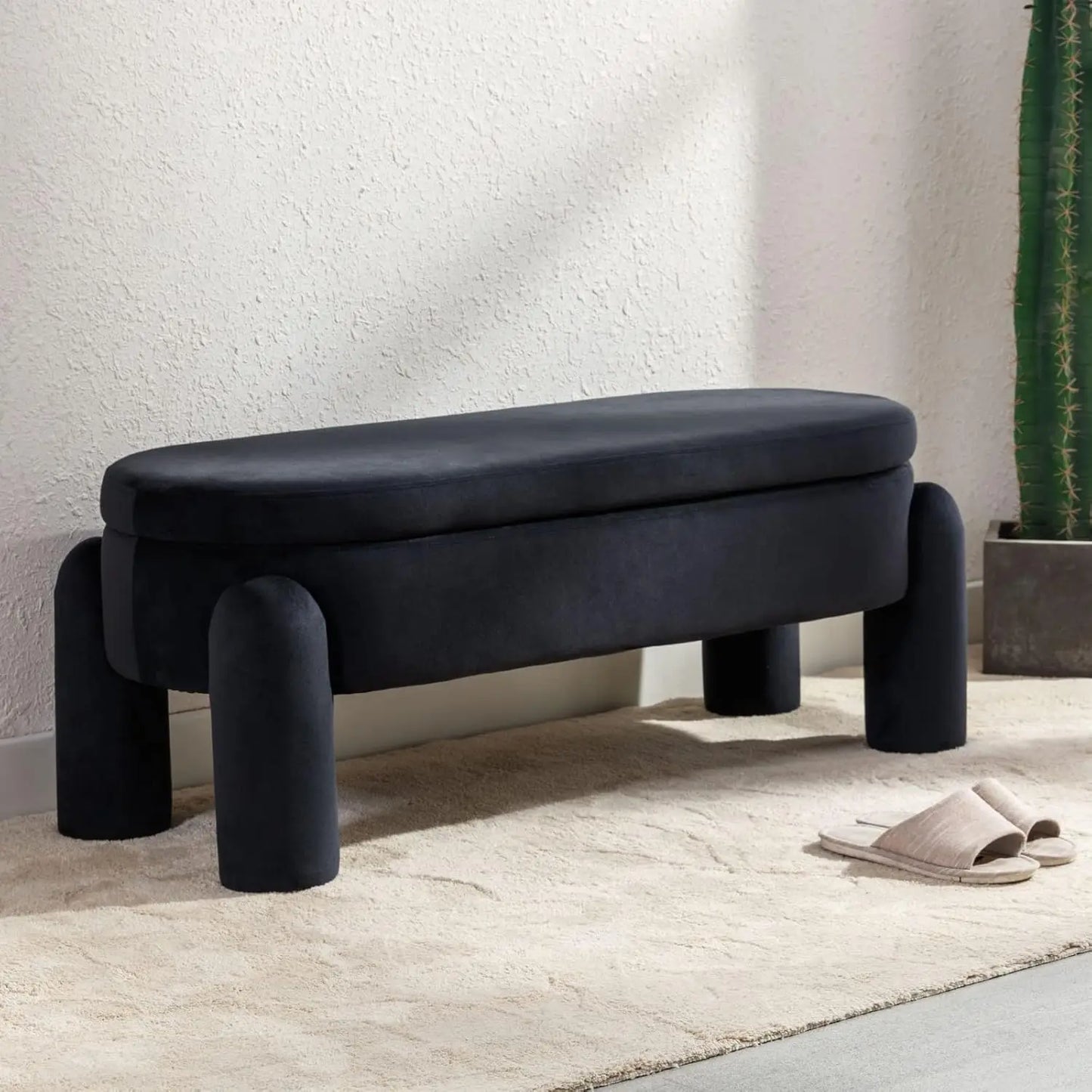 Modern Storage Bench, Upholstered Ottoman Sherpa Fabric