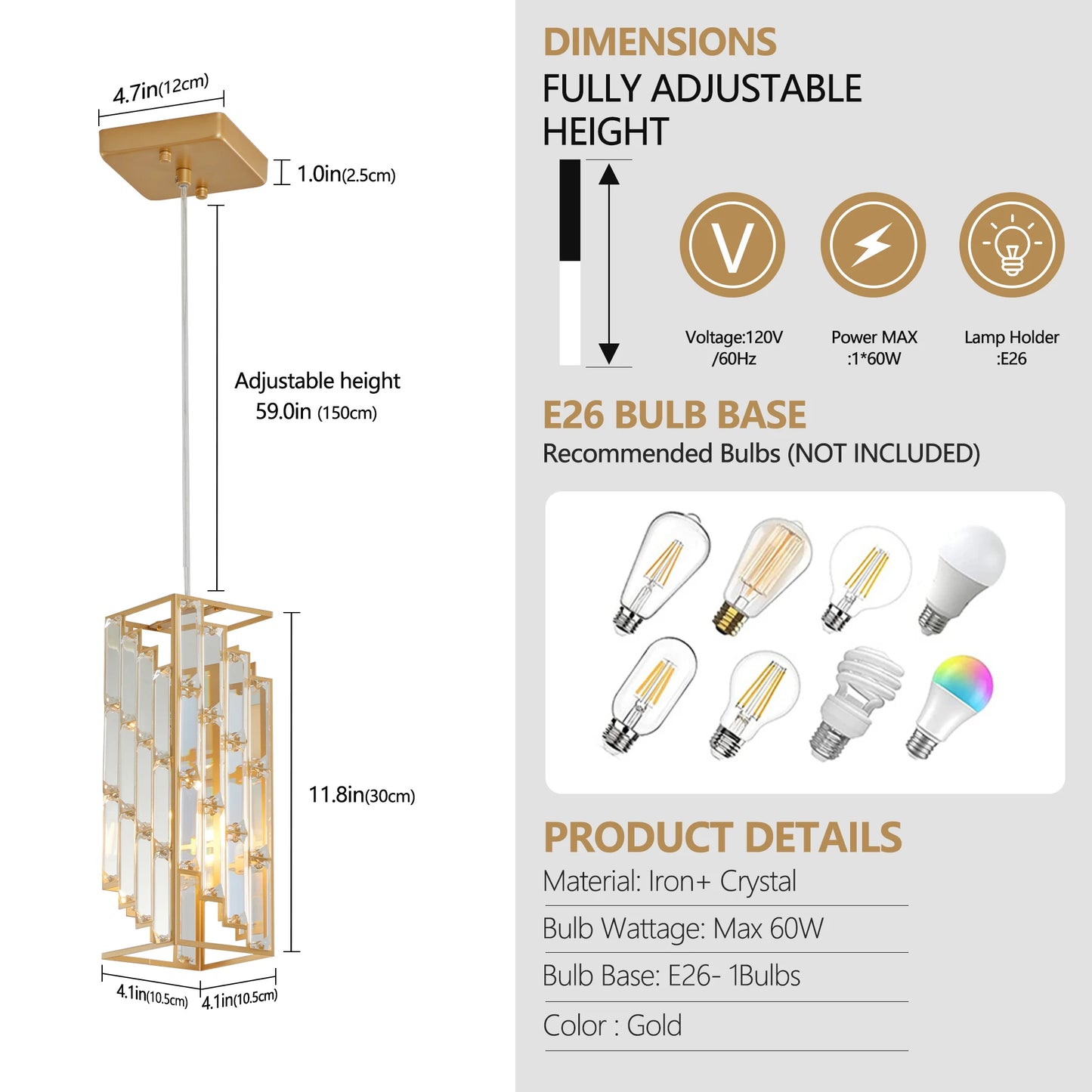 Gold Modern Crystal Pendant Light - 3 Pack