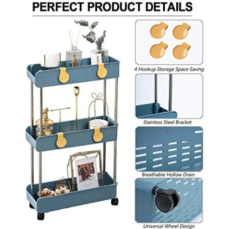 3-Tier Slim Mobile Shelving Unit on Wheels