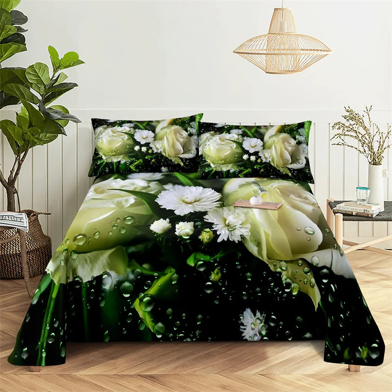 Green Leaf Rose Queen Sheet and Pillowcases Set