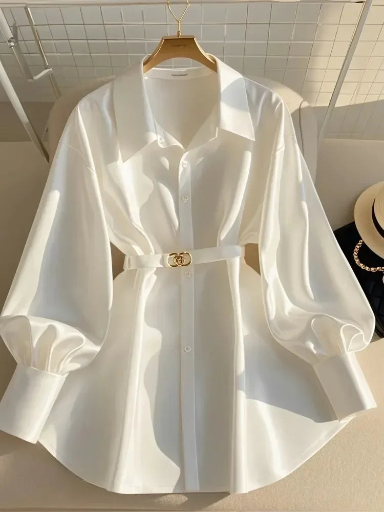 Long Sleeve Waist Slim Belt White Shirt