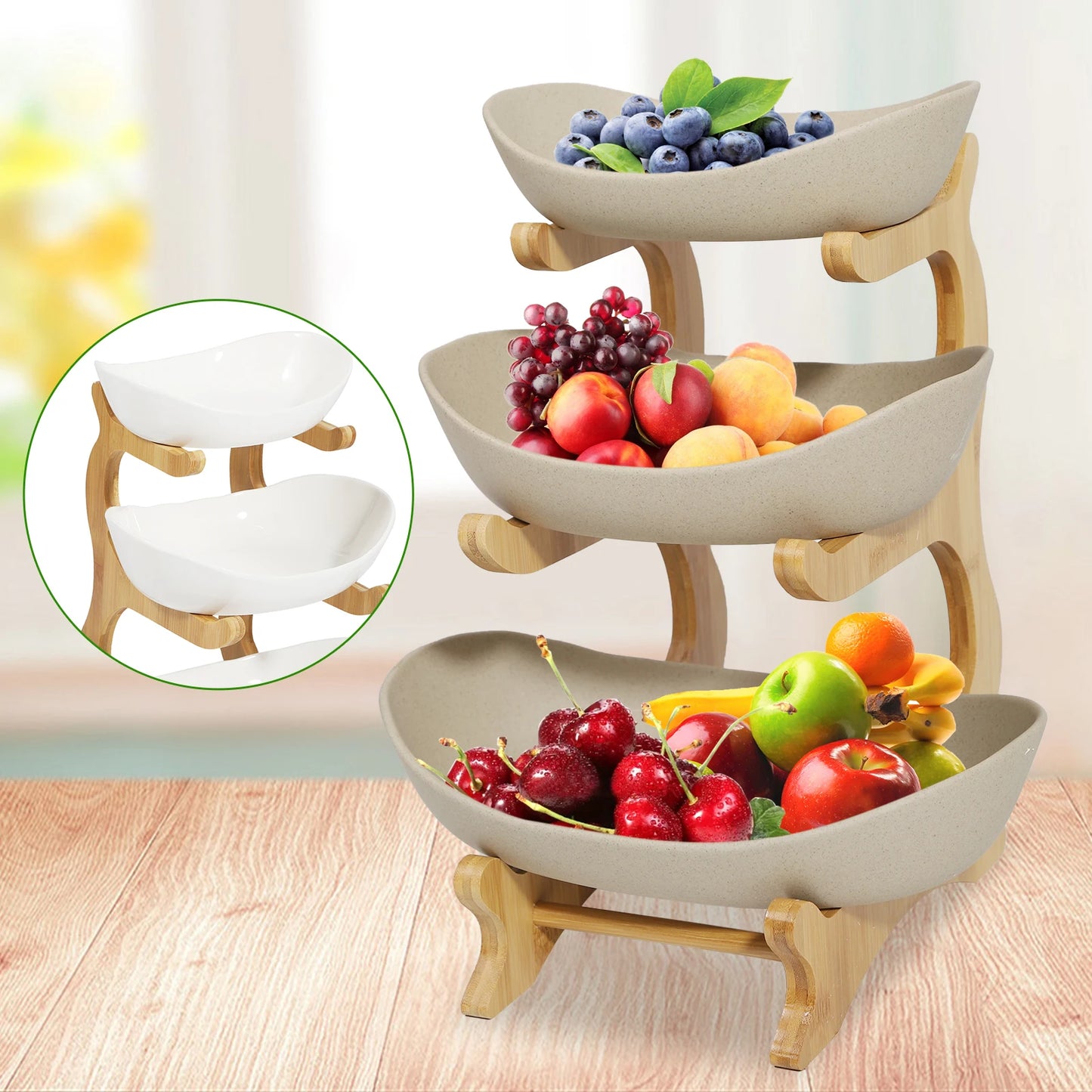 3 Layer Multi-layer Ceramic Fruit Plate Bamboo Wooden Frame Household  Basket Bowl Holder Vegetables Storage  Kitchen Organizer