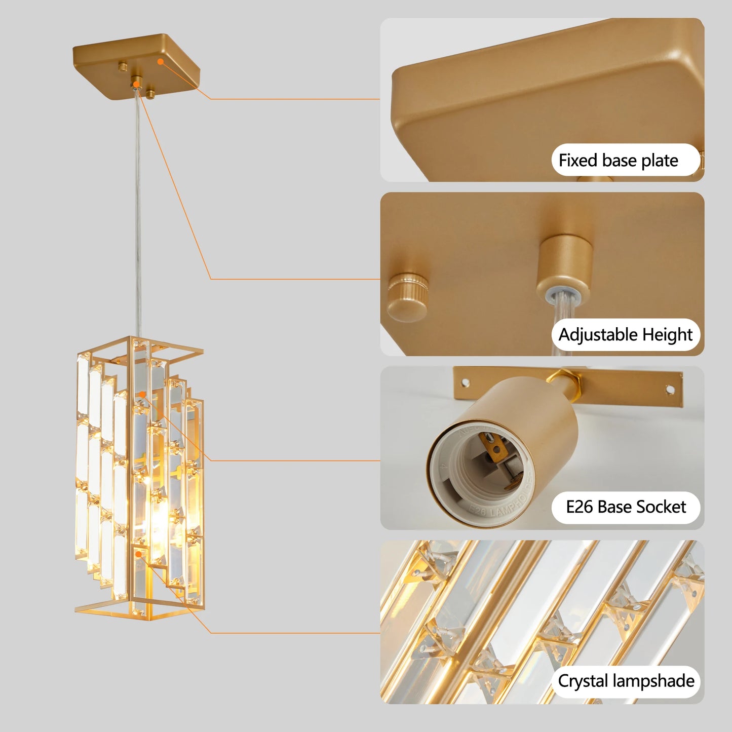 Gold Modern Crystal Pendant Light - 3 Pack