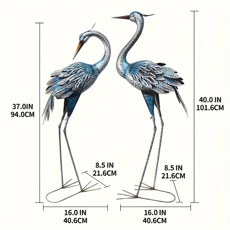 Blue Heron Rustic Metal Garden Crane Statues - Standing Sculptures with Country Style, Outdoor Lawn Yard Backyard Decor