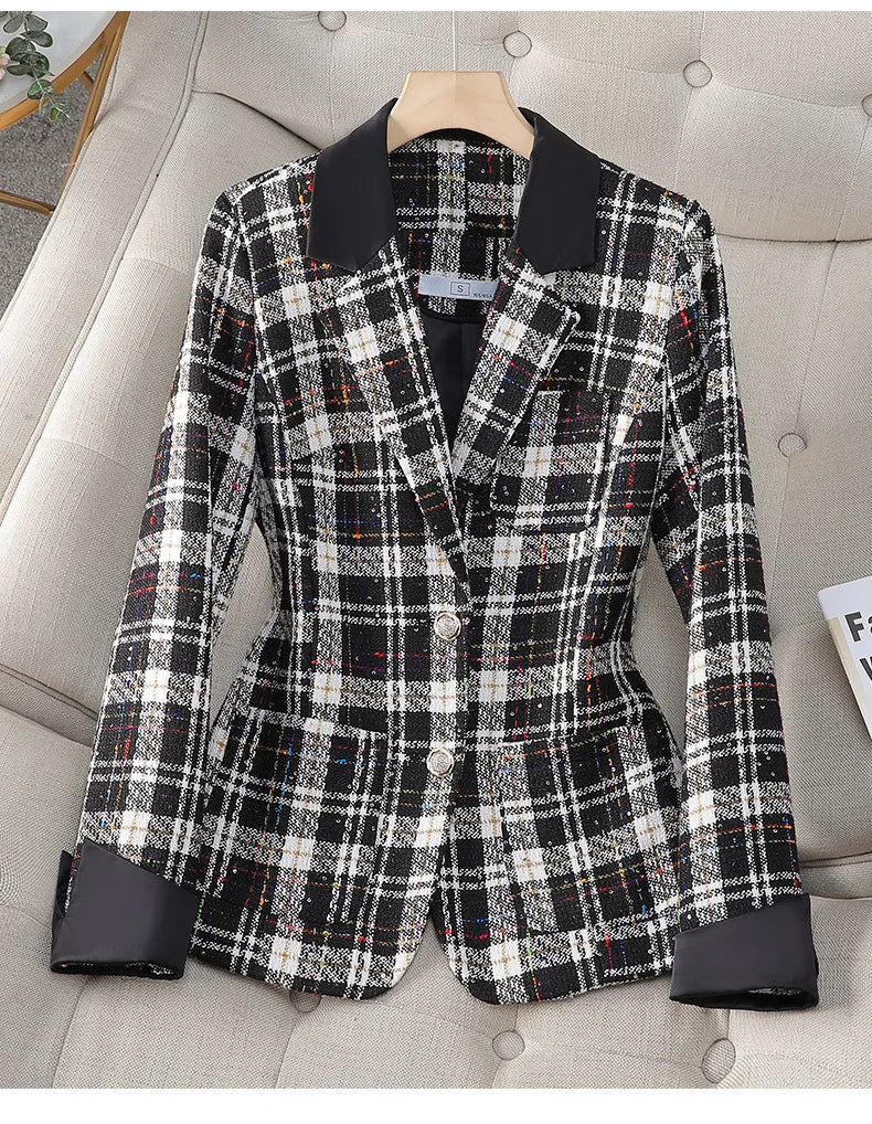 Luxury Ladies Black White Plaid Coat