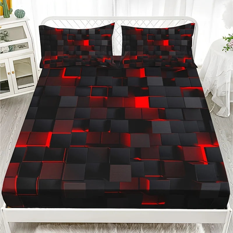 Technology-inspired Red Plaid Fitted Sheet Set (1 Fitted Sheet + 2 Pillowcase)