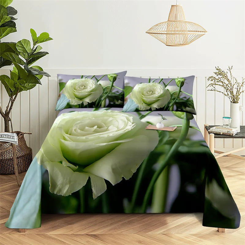 Green Leaf Rose Queen Sheet and Pillowcases Set