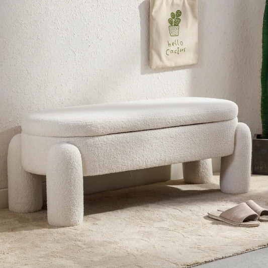 Modern Storage Bench, Upholstered Ottoman Sherpa Fabric