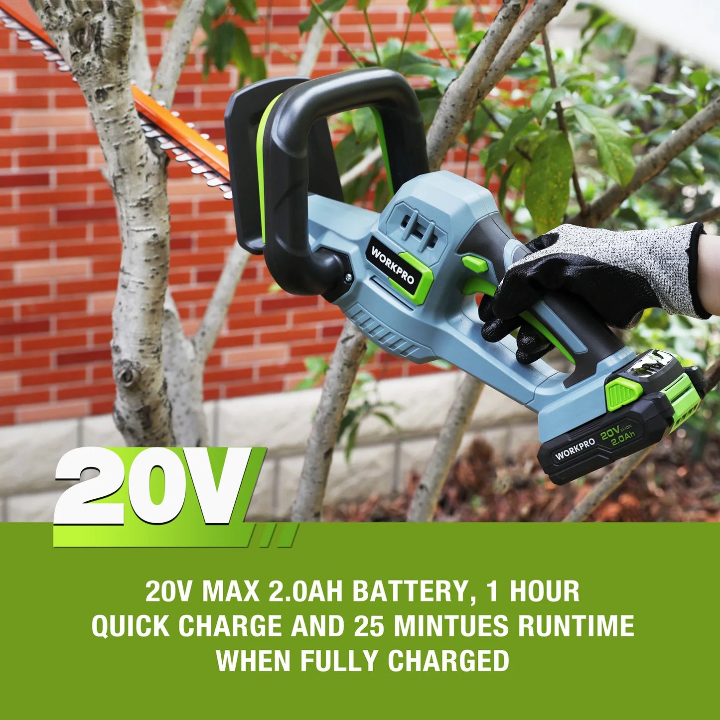 WORKPRO 20V Cordless Hedge Trimmer 20" Dual Action Blades