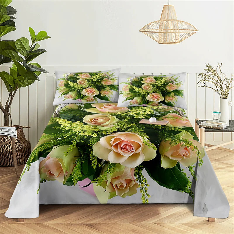 Green Leaf Rose Queen Sheet and Pillowcases Set