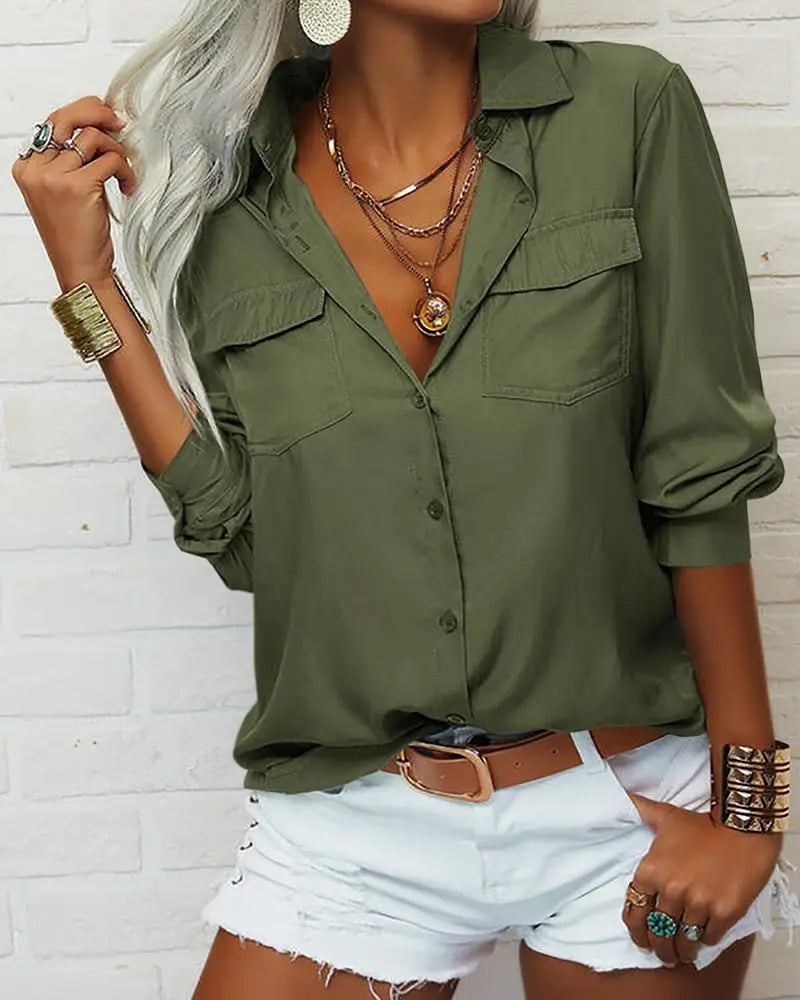 Long Sleeves Button Down Lapel Blouse