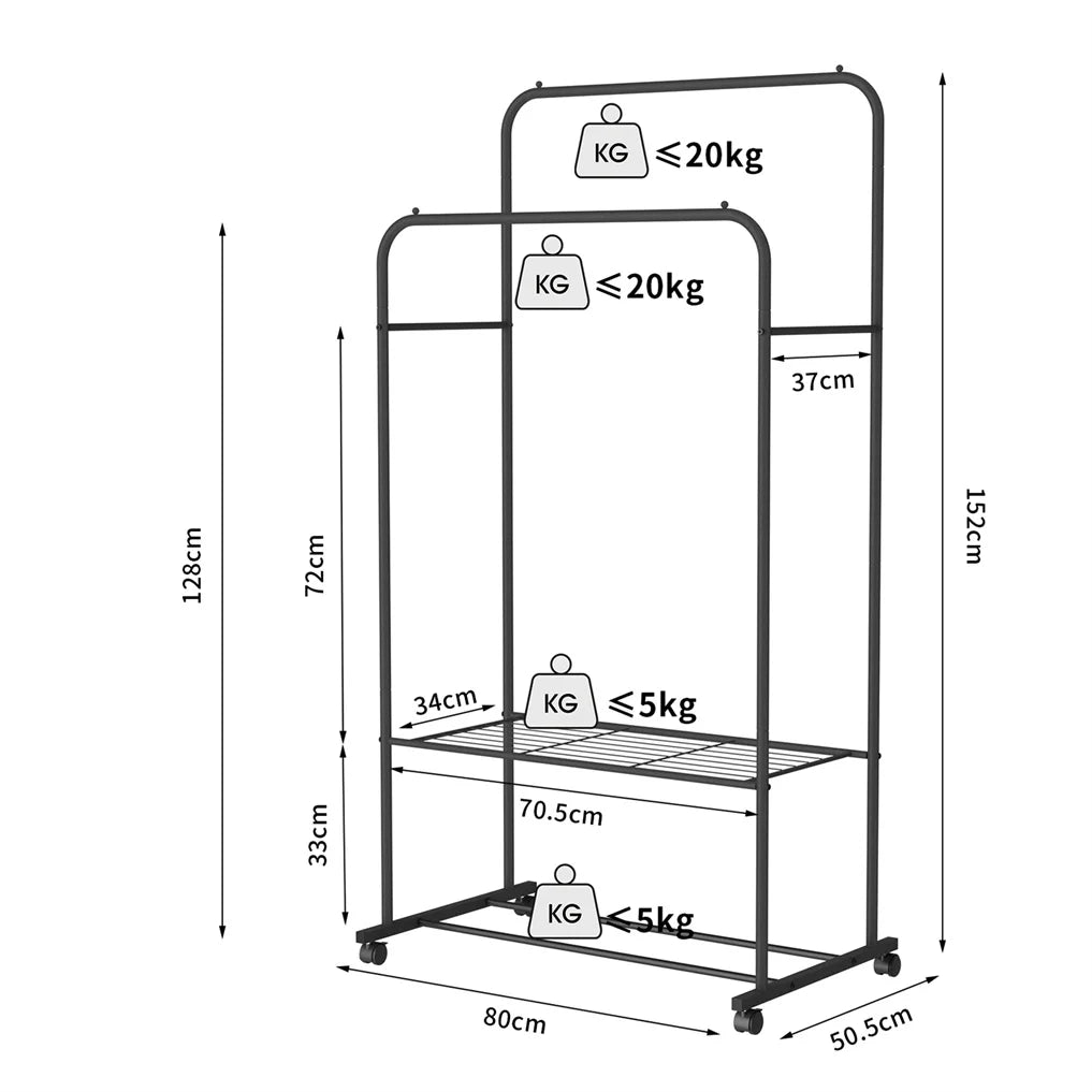 Double Clothes Heavy Metal Rail Hanging Rack