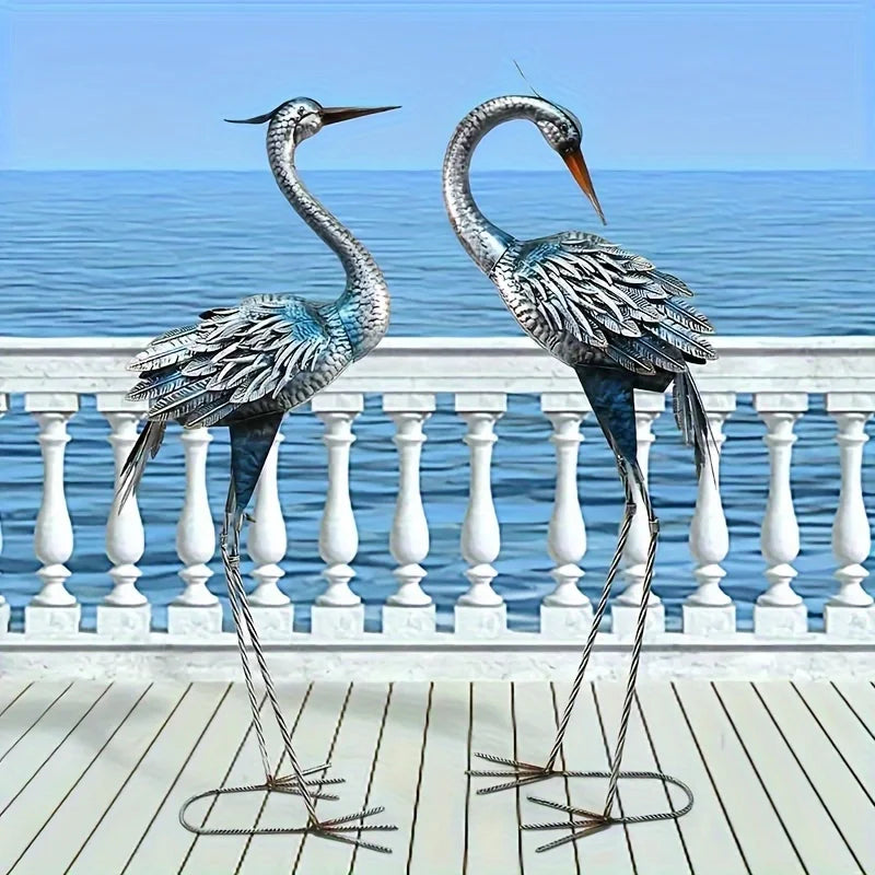 Blue Heron Rustic Metal Garden Crane Statues - Standing Sculptures with Country Style, Outdoor Lawn Yard Backyard Decor