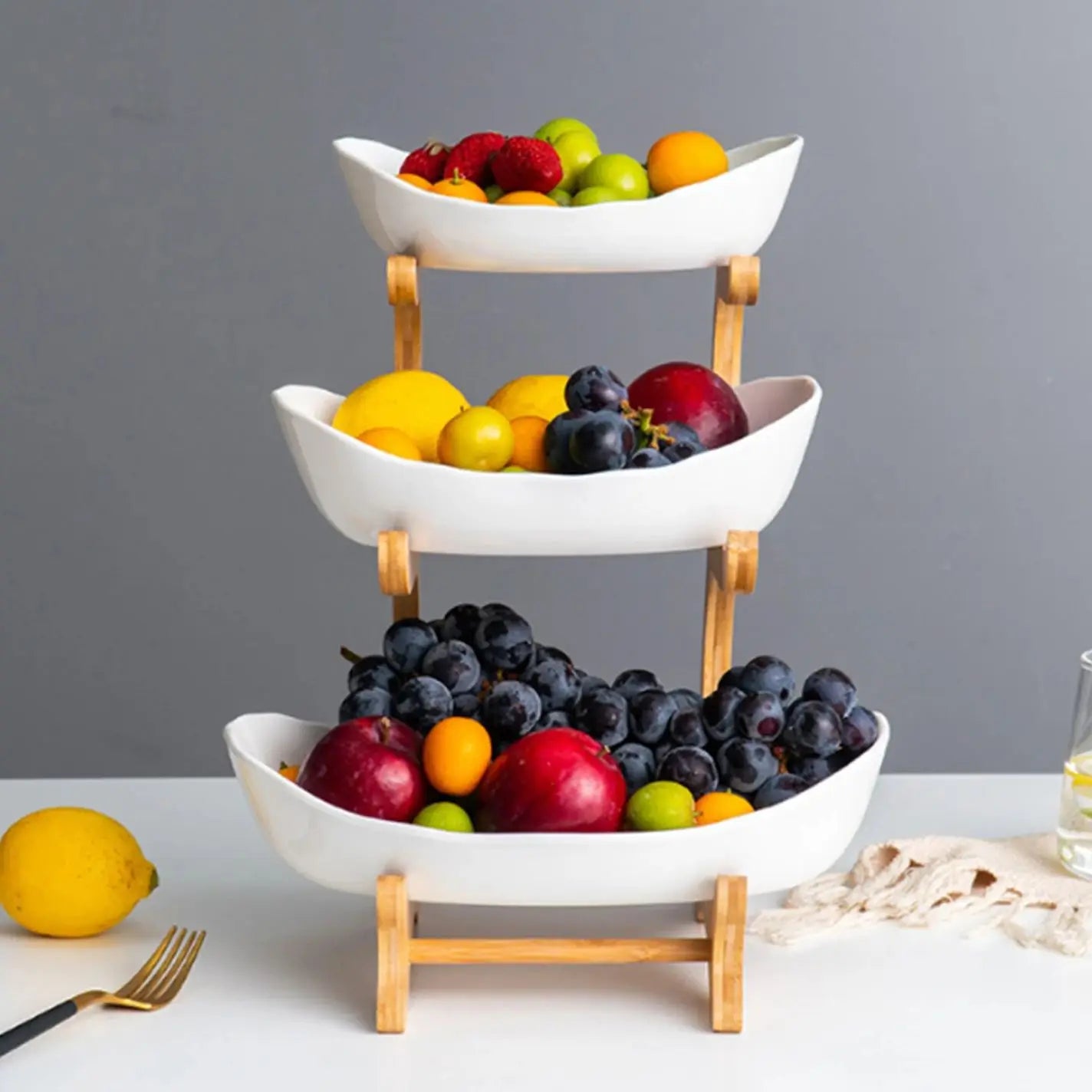 3 Layer Multi-layer Ceramic Fruit Plate Bamboo Wooden Frame Household  Basket Bowl Holder Vegetables Storage  Kitchen Organizer