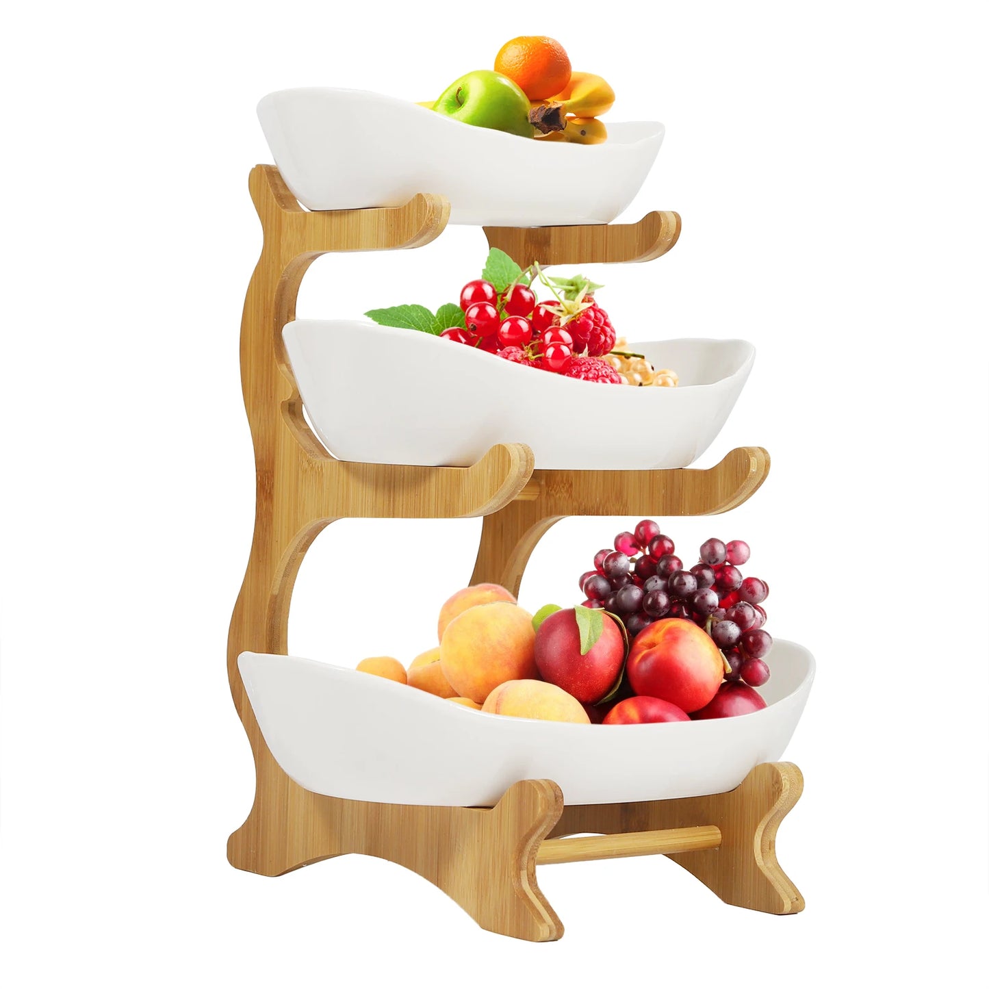 3 Layer Multi-layer Ceramic Fruit Plate Bamboo Wooden Frame Household  Basket Bowl Holder Vegetables Storage  Kitchen Organizer