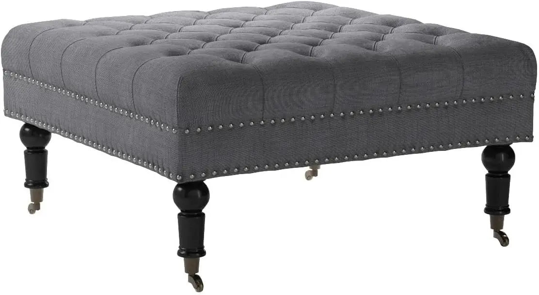 Modern 34 Inch Square Linen Ottoman with Caster Wheels