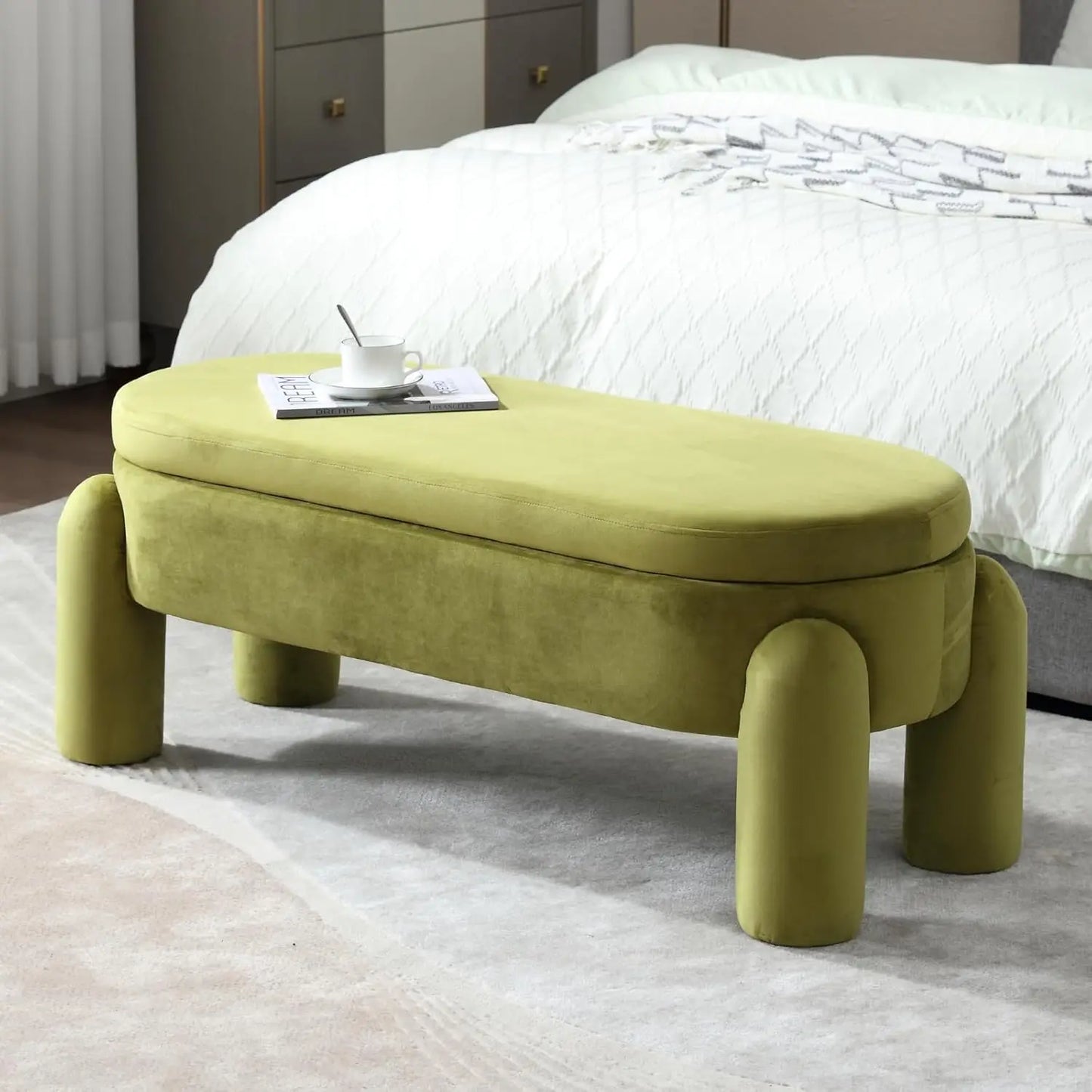 Modern Storage Bench, Upholstered Ottoman Sherpa Fabric