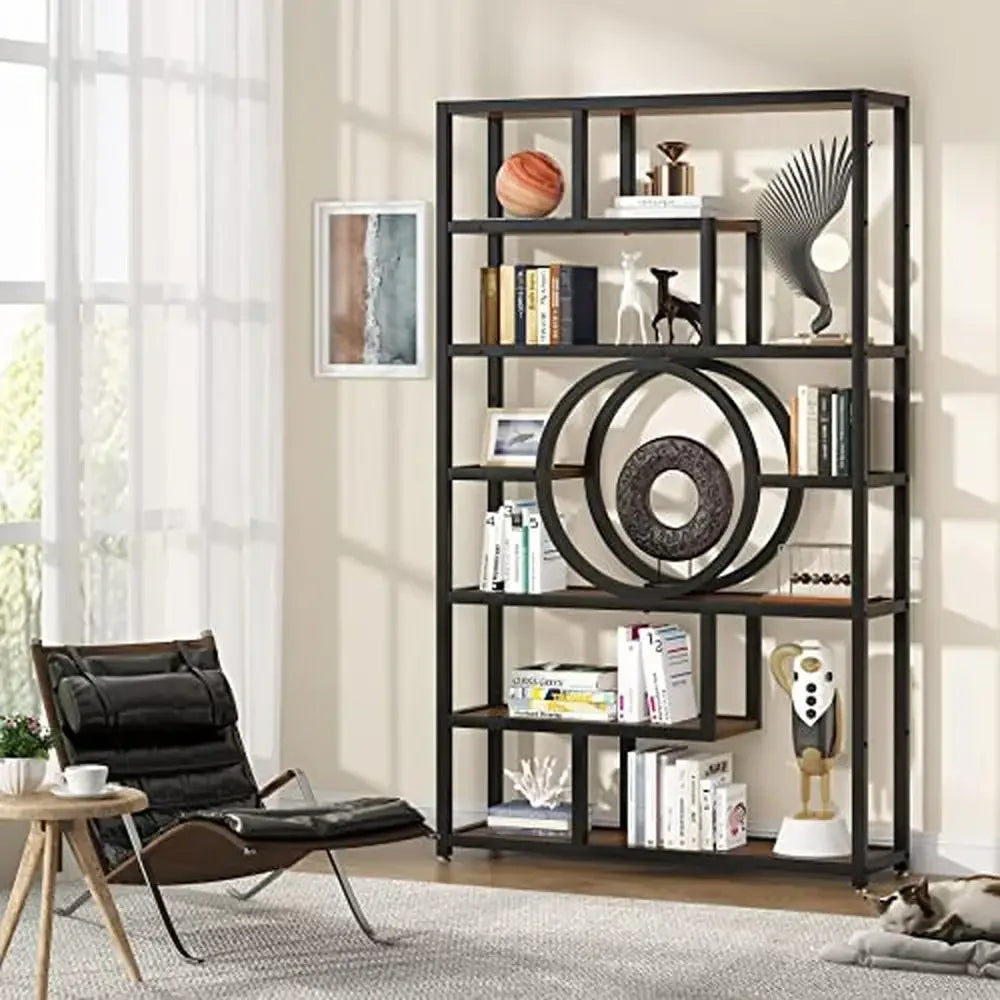 8-Tier Industrial Geometric Bookshelf with 11 Open Shelving Units